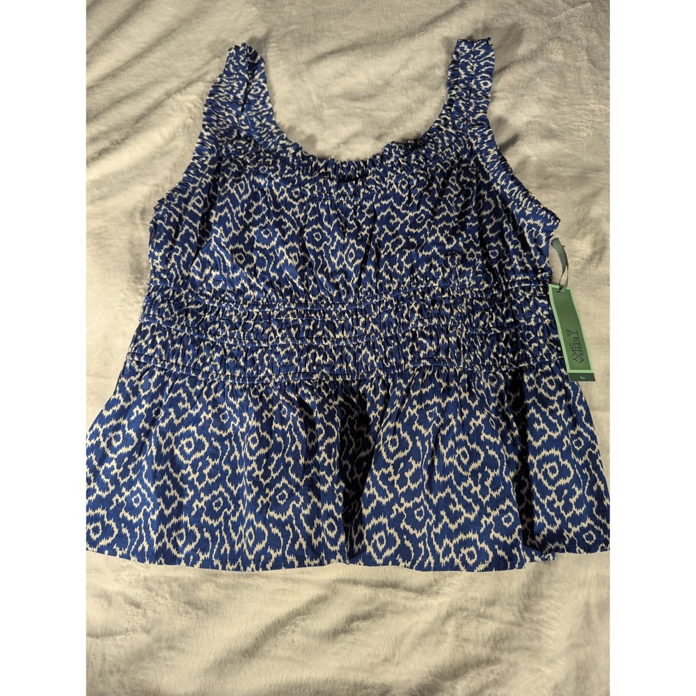 Terra & Sky Peplum Top Womens 1X Blue New Smocked Sleeveless Ikat Blouse